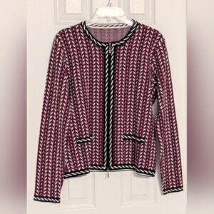 Kasper Women's (Large) Black Red & White Zip-Front Geometric Pattern Cardigan